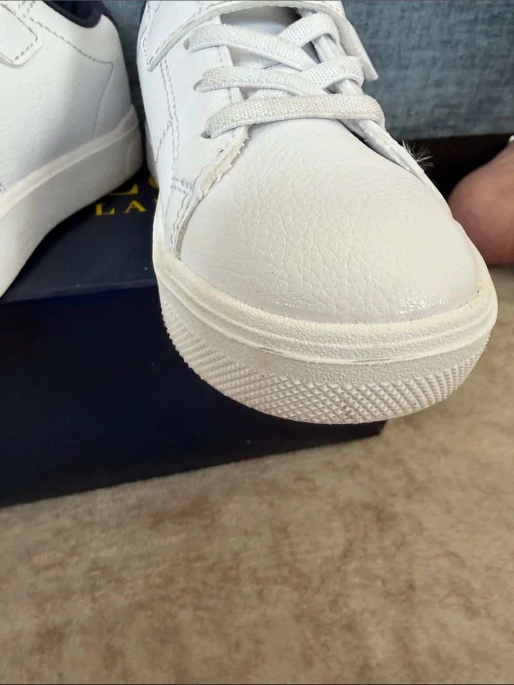 Polo by Ralph Lauren White Leather Kids Sneakers with Navy Trim Unisex
